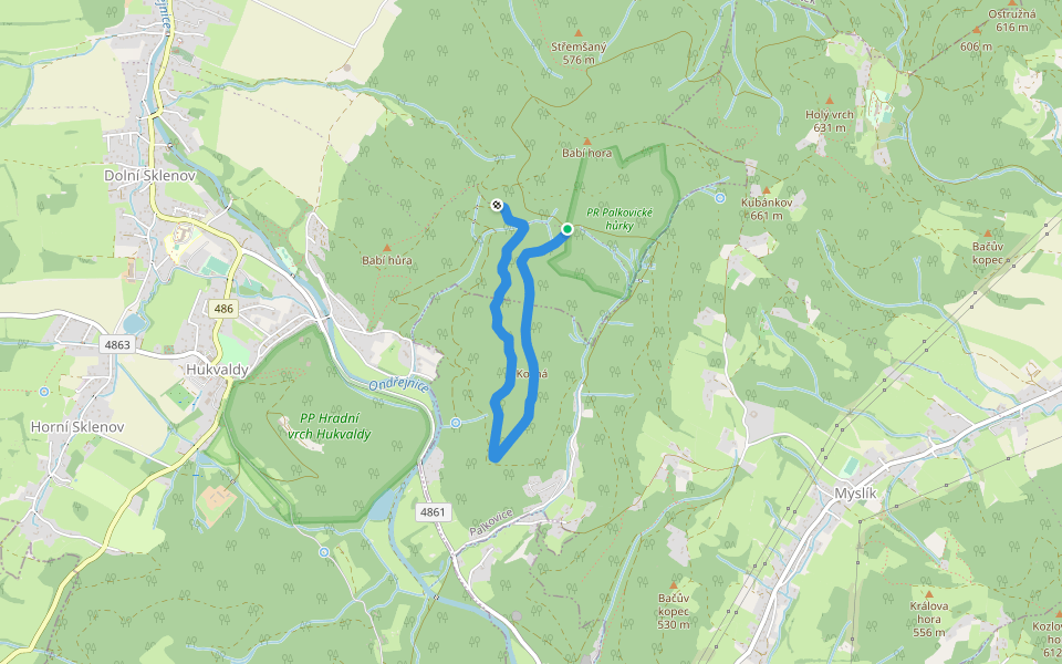 Kožná trail walking route map in Hukvaldy