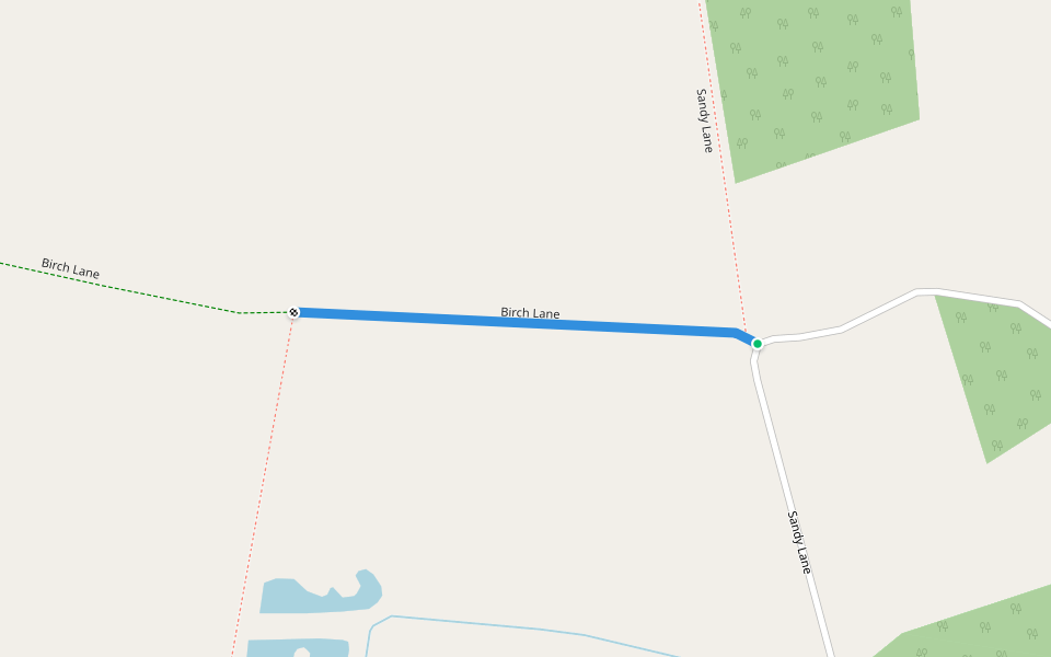 Birch Lane walking route map in Rufford