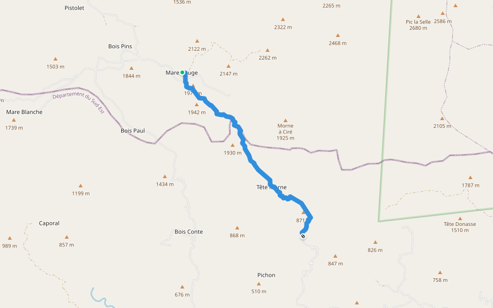 trail from Mare Rouge to Cascade Pichon walking route map in Montrouis
