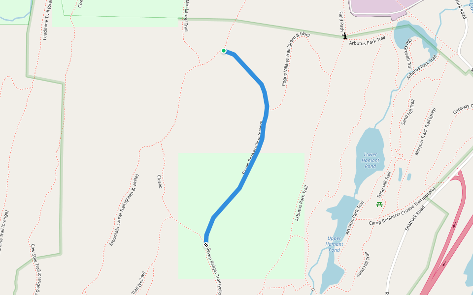 Raven Rookery Trail (green) walking route map in Sturbridge