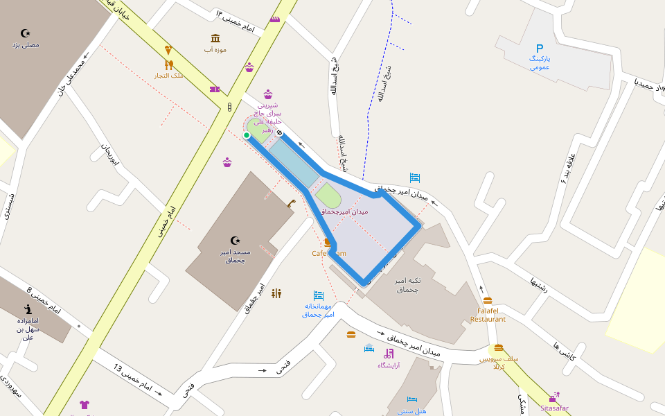 میدان امیر چخماق walking route map in Yazd