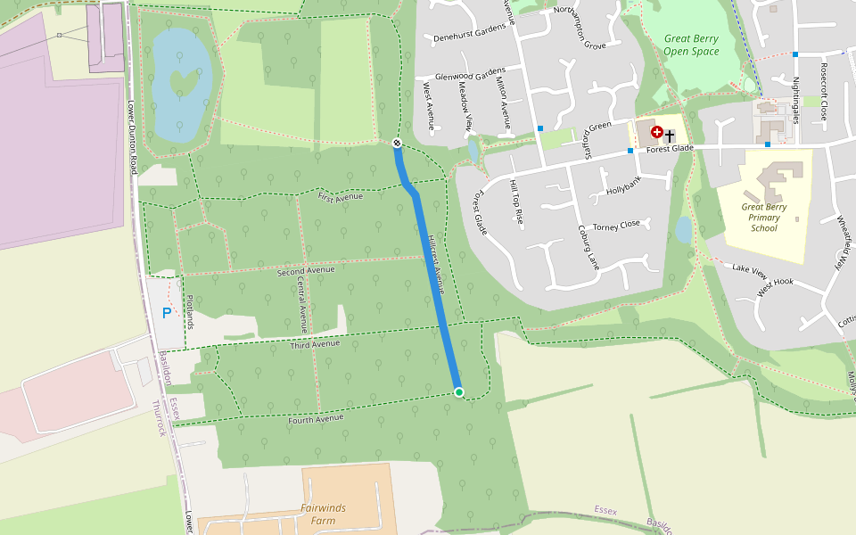 Hillcrest Avenue walking route map in Langdon Hills