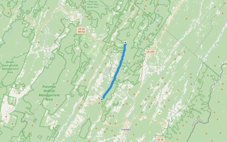 North Fork Mountain Trail walking route map in Franklin