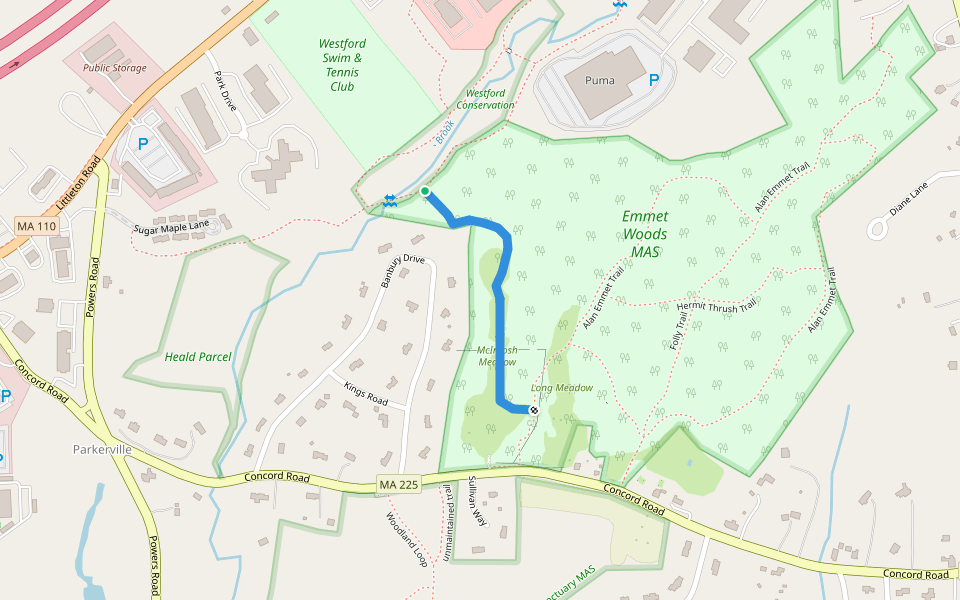 No exit on Banbury - private? ends in a yard/driveway walking route map in Westford