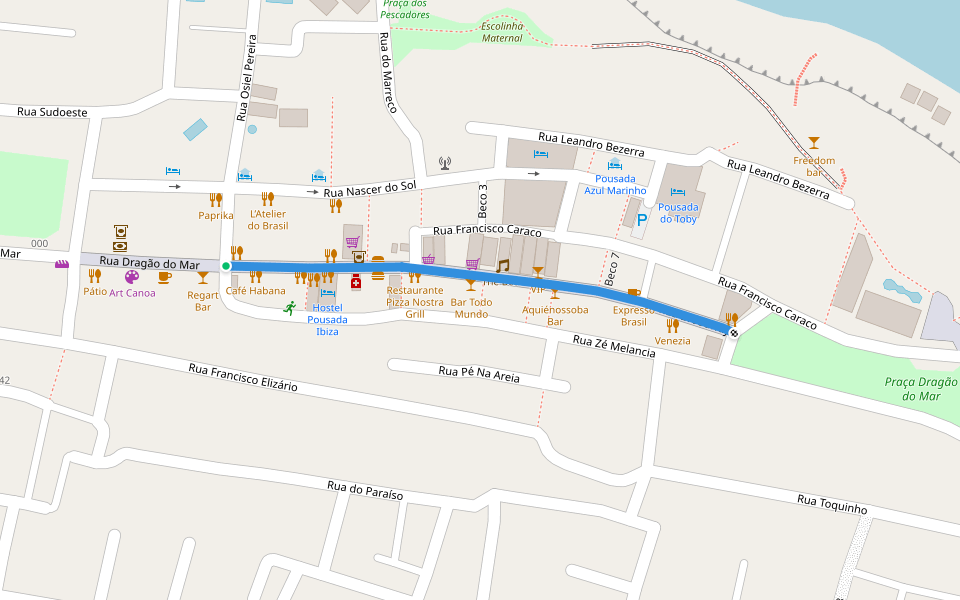 Rua Broadway walking route map in Canoa Quebrada