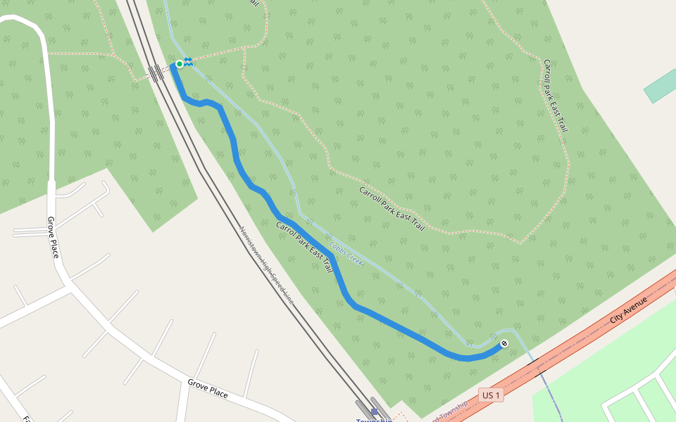 Carrol Park East Trail walking route map in Havertown