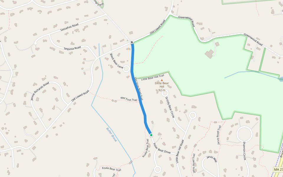 Old Vose Road Trail walking route map in Westford