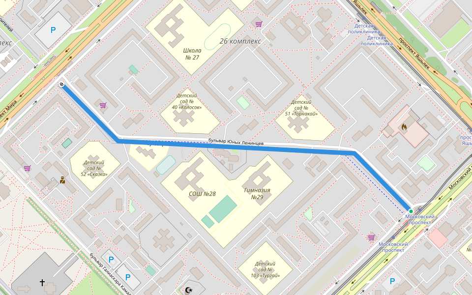 бульвар Юных Ленинцев walking route map in Naberezhnye Chelny