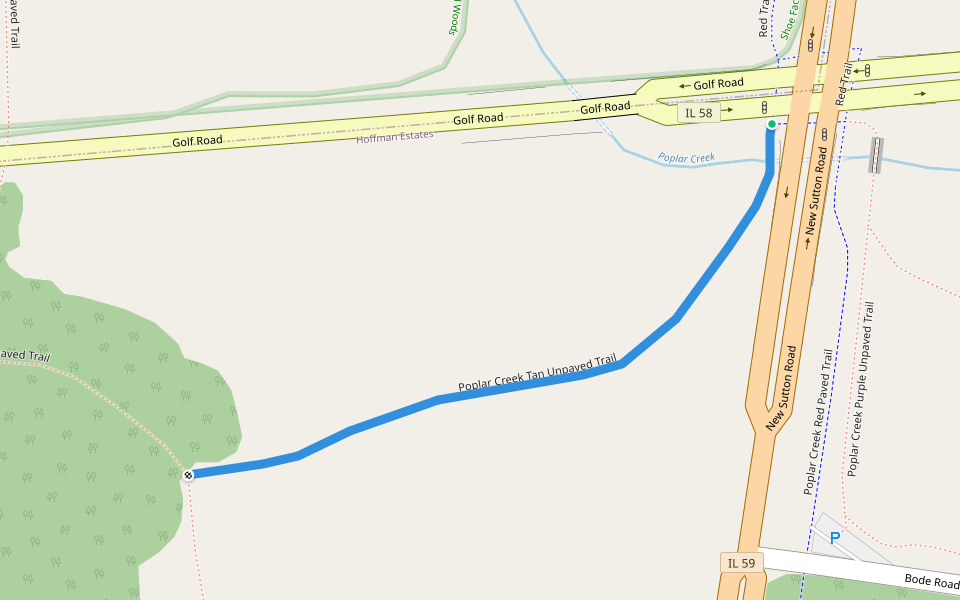 Poplar Creek Tan Unpaved Trail walking route map in Streamwood