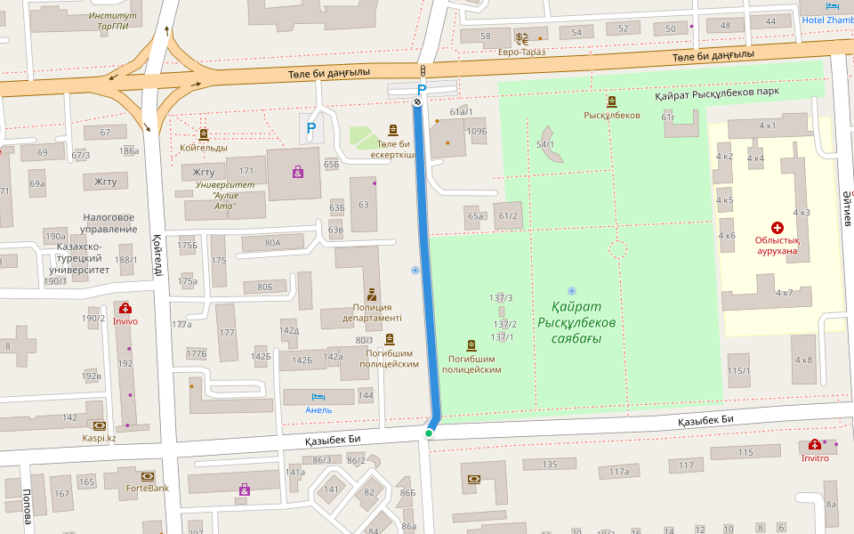 Желтоксан walking route map in Taraz