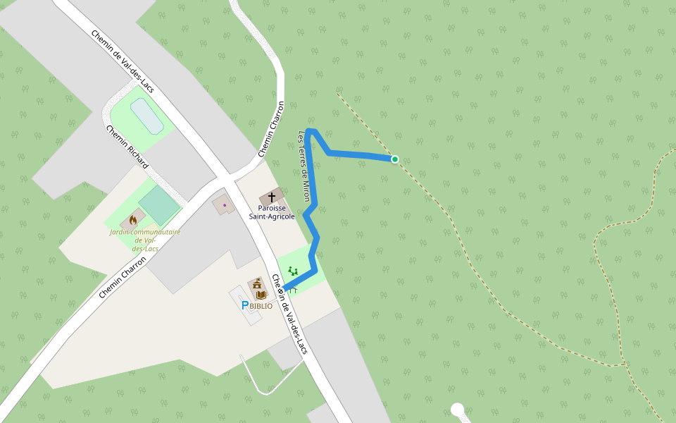 Les Terres de Miron walking route map in Val-des-Lacs