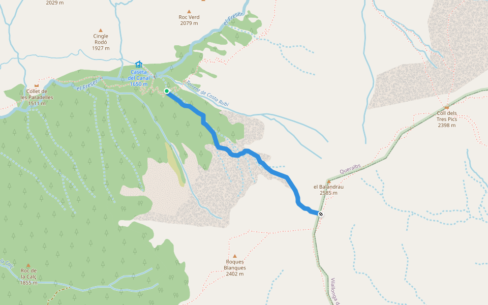 Canal Directa Balandrau walking route map in Ribes de Freser