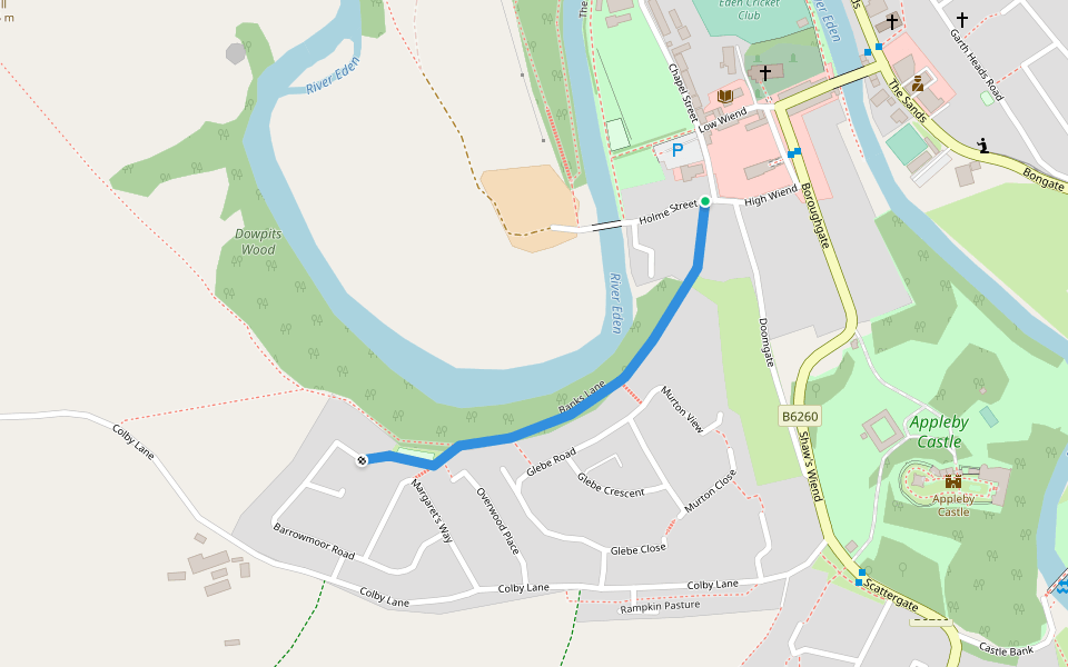 Banks Lane walking route map in Appleby-in-Westmorland