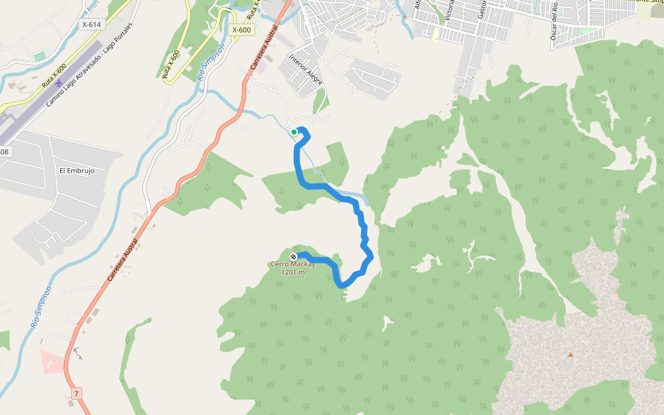 Camino Cerro Mackay walking route map in Coyhaique