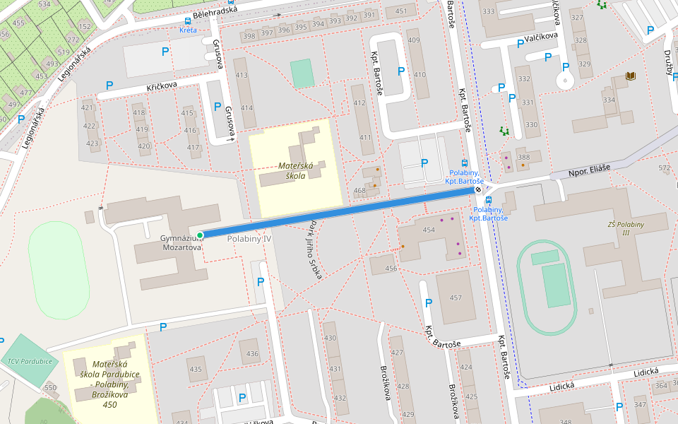 Mozartova walking route map in Pardubice