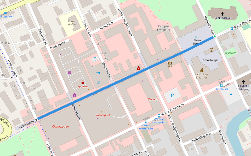 Västra Storgatan walking route map in Nyköping