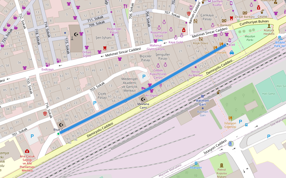 Selehaddini Eyyubi Caddesi walking route map in Batman