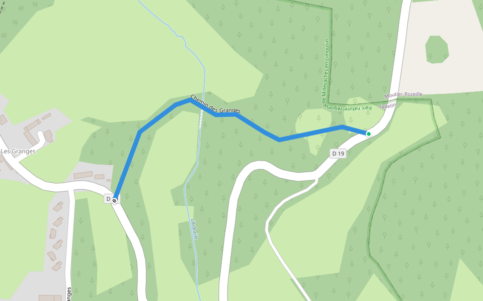 Chemin des Granges walking route map in Felletin
