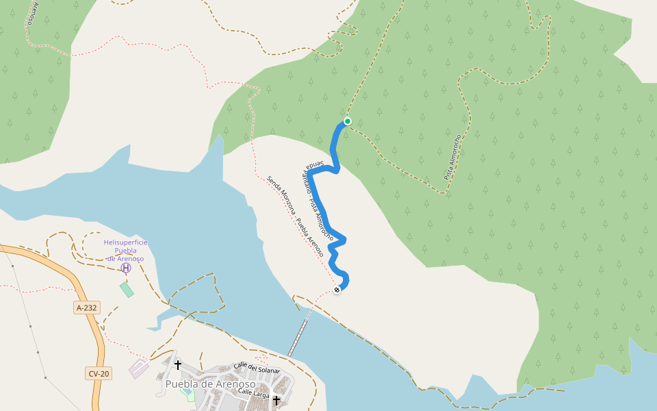 Senda Pantano - Pista Almorocho walking route map in Puebla de Arenoso