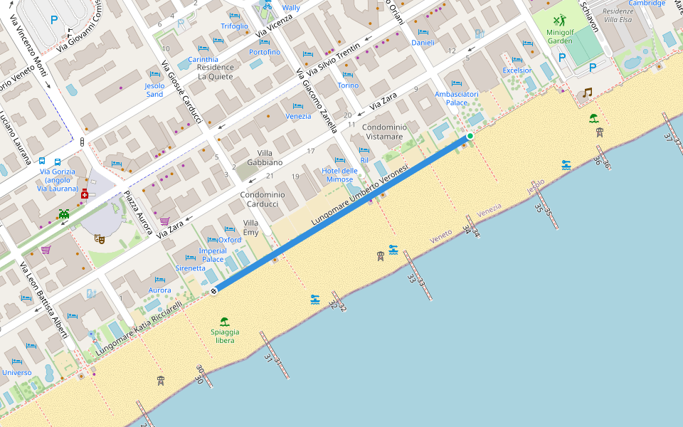 Lungomare Umberto Veronesi walking route map in Lido di Jesolo