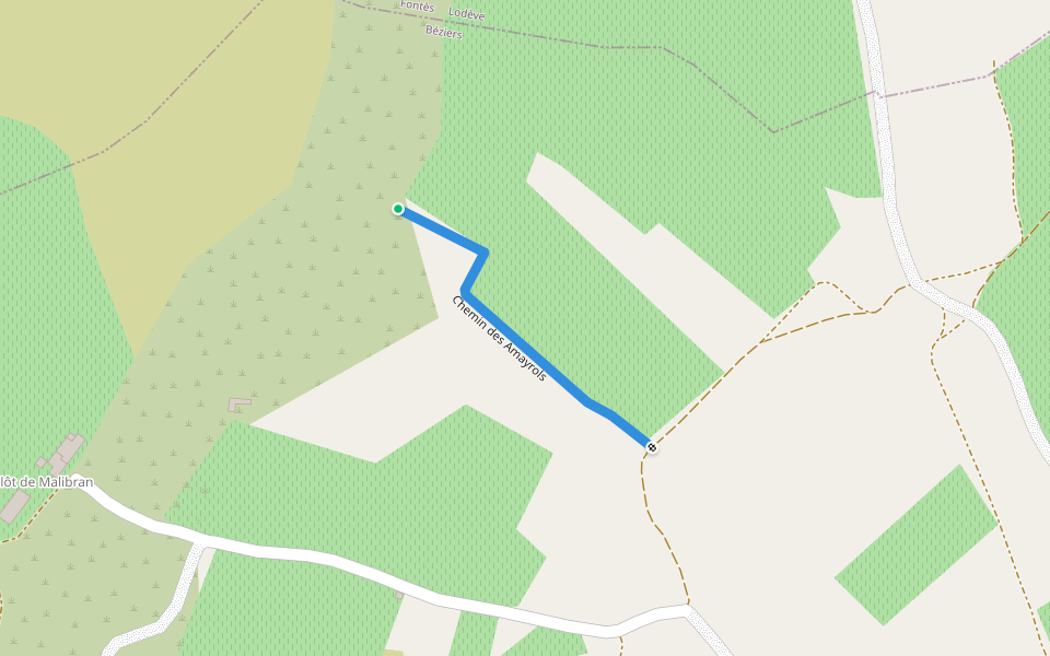 Chemin des Amayrols walking route map in Nizas