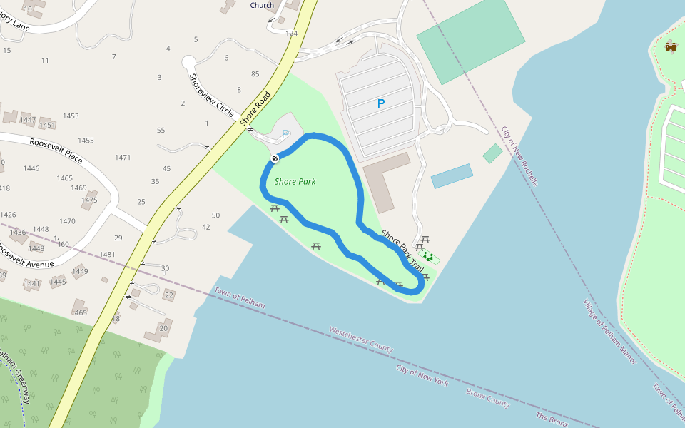 Shore Park Trail walking route map in Pelham Manor