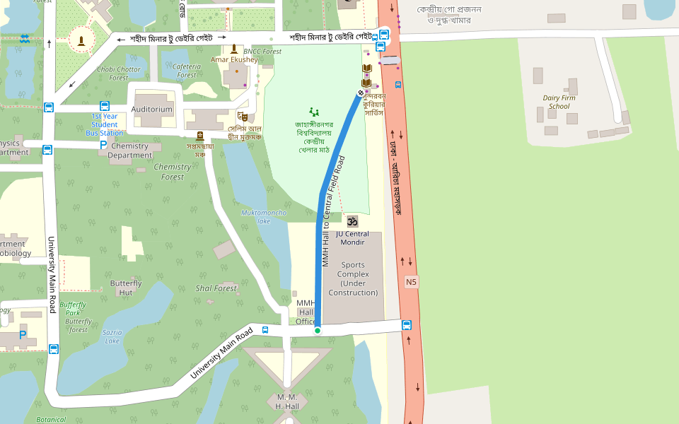 MMH Hall to Central Field Road walking route map in Savar