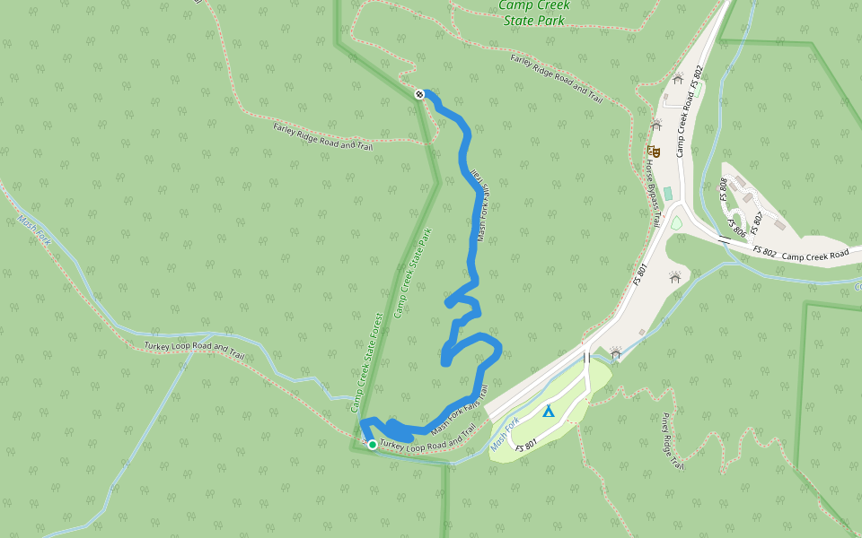 Mash Fork Falls Trail walking route map in Camp Creek