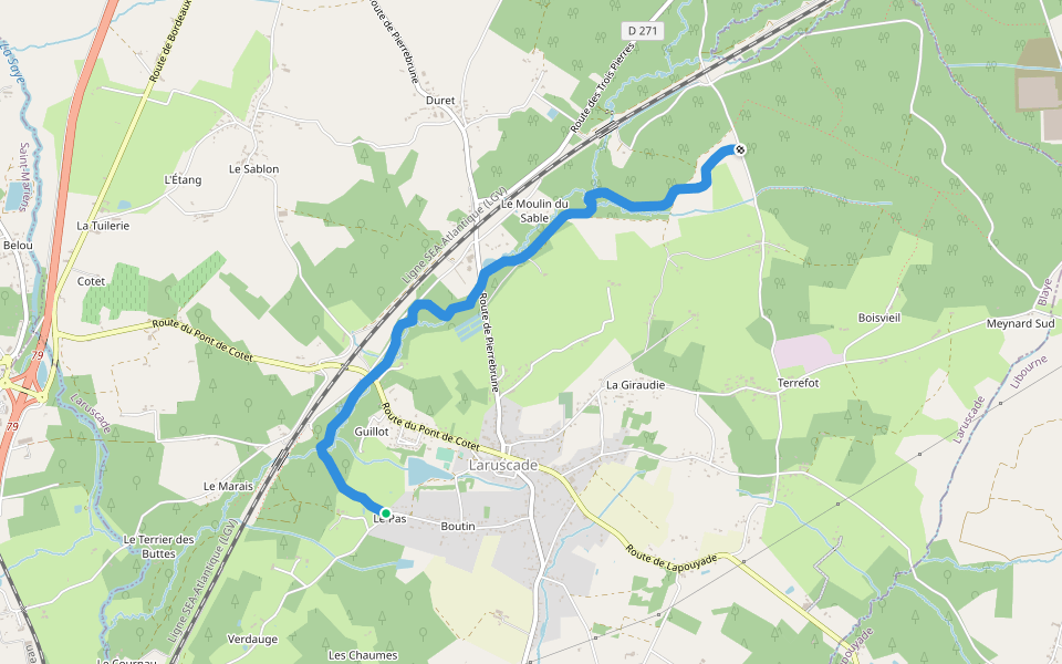 Sentier du Meudon walking route map in Laruscade