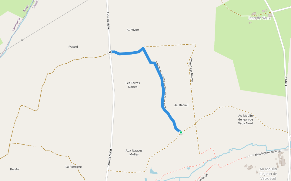 Sentier du Barrail au Rau de Graviange walking route map in Lapouyade