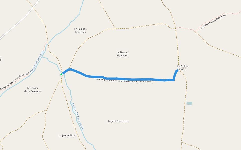 Sentier du Chêne Vert au Rau de La Font de Tabuteau walking route map in Lapouyade