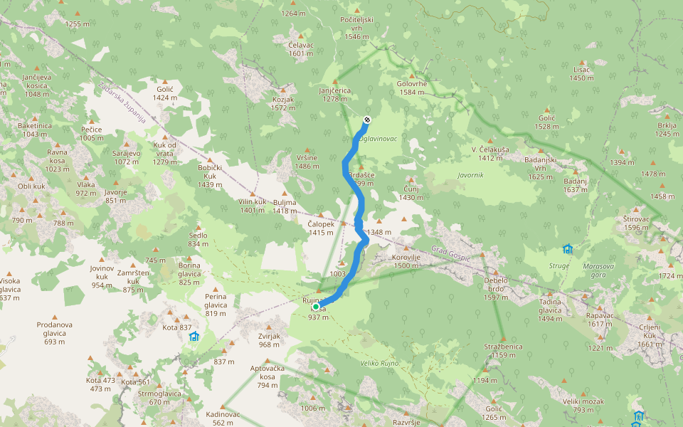 Planinarska staza Rujno - Ribnička Vrata - Oglavinovac walking route map in Starigrad