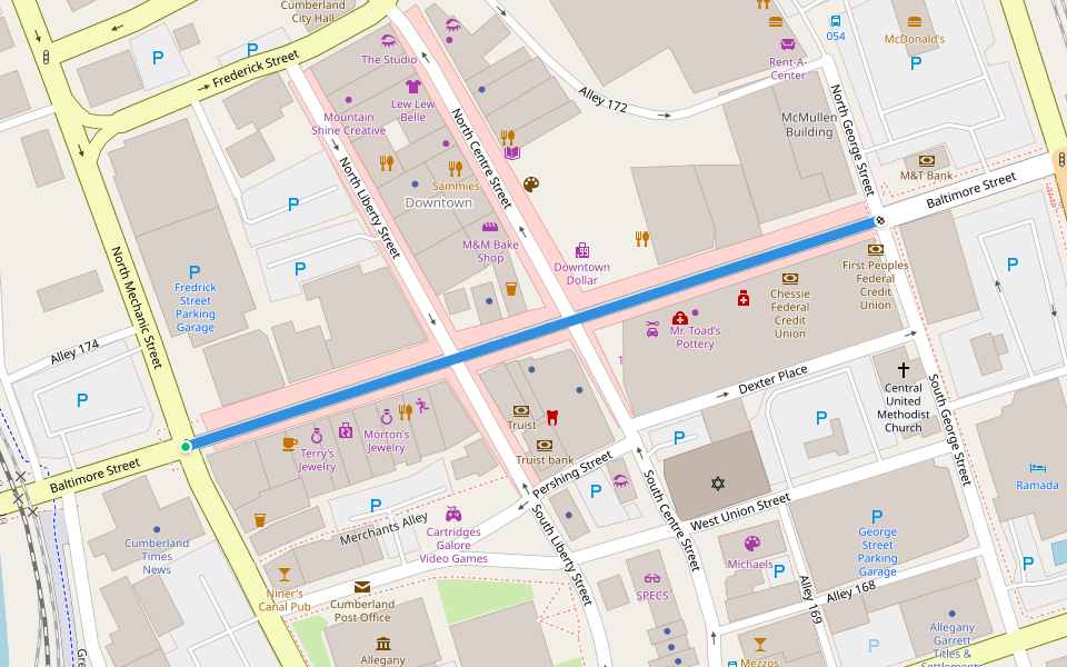 Baltimore Street walking route map in Cumberland
