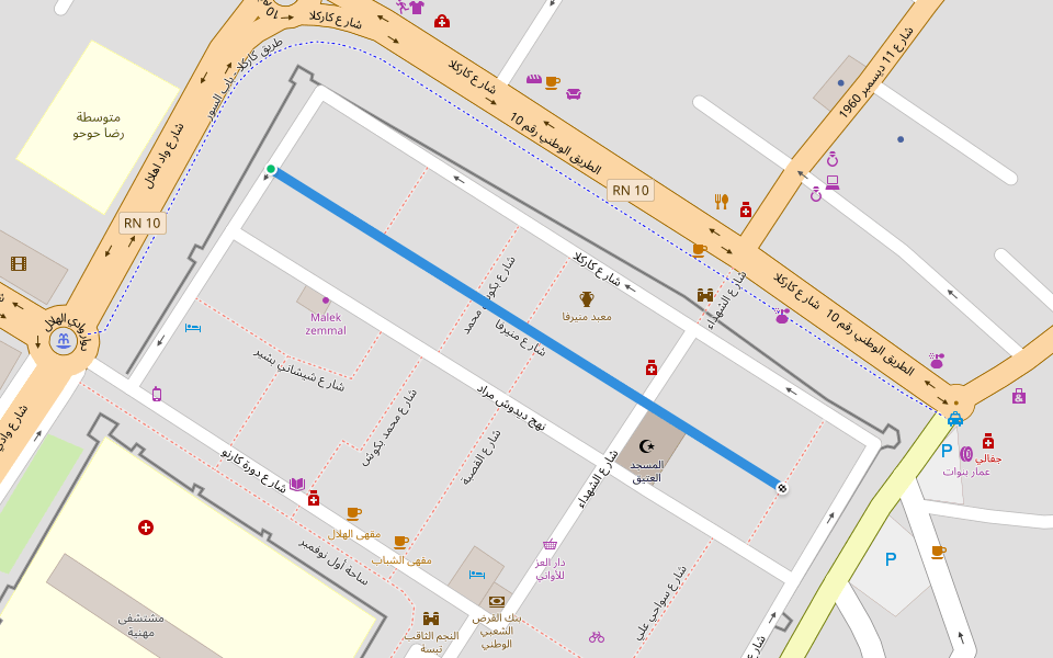 شارع منيرفا walking route map in Hammamet