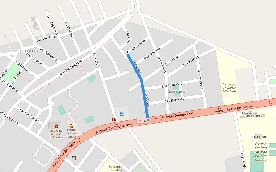 Los Lirios walking route map in Tumbes