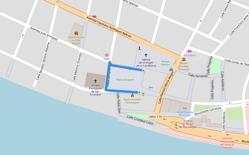 Plaza Zaragoza walking route map in Tlacotalpan