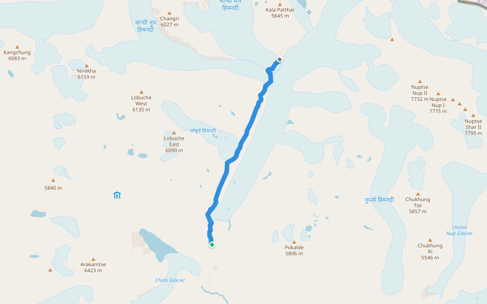 Thukla-Lobuche-Gorak Shep walking route map in Dughla