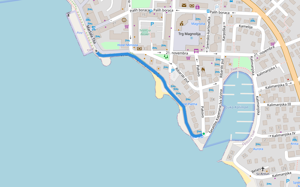 Šetalište Kapetana Iva Vizina walking route map in Gornja Lastva