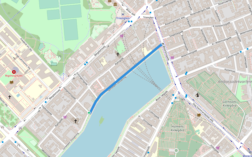 Sortedam Dossering walking route map in København