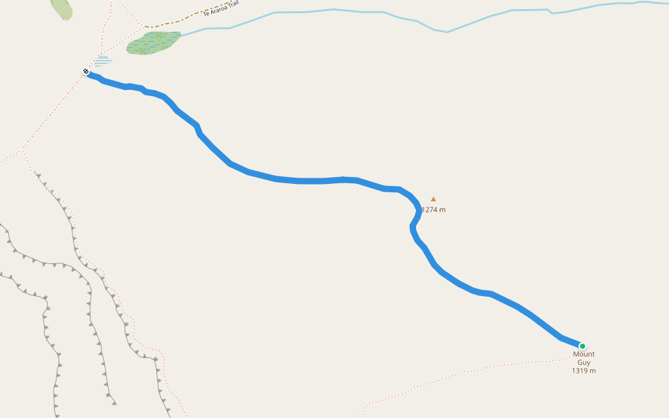 West Ascent Mt Guy walking route map in Ashburton Lakes