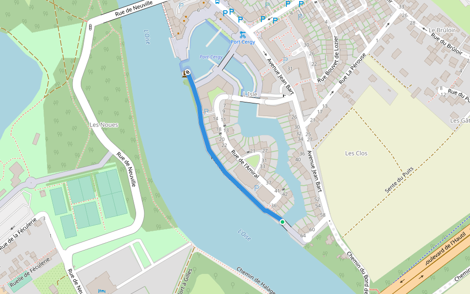 Quai des Mariniers walking route map in Cergy