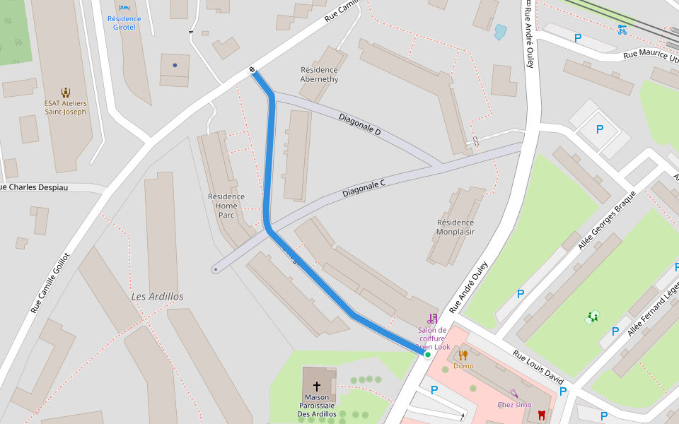 Rue Claude Kogan walking route map in Mérignac