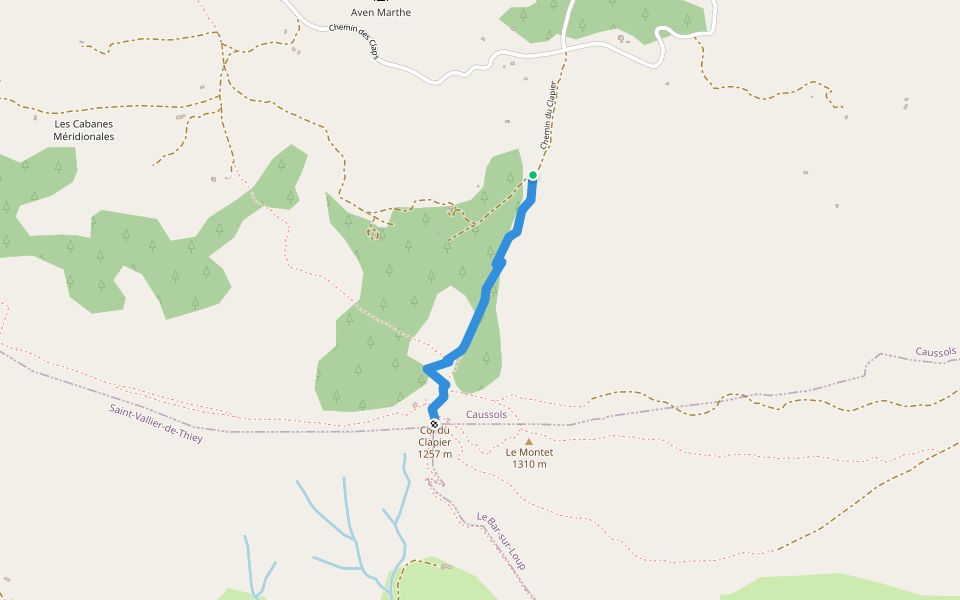 Chemin du Clapier walking route map in Caussols