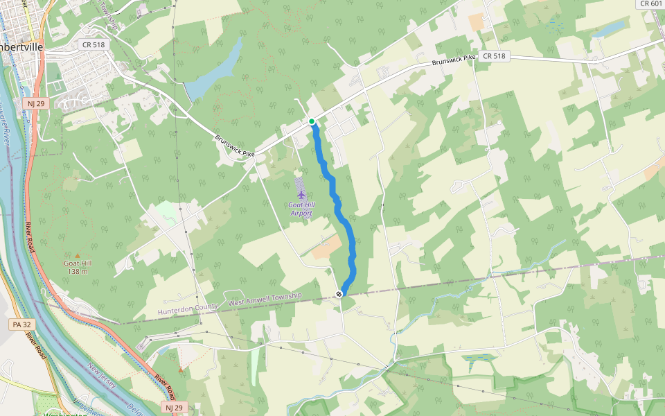 Dry Run Creek Trail (blue) walking route map in Lambertville