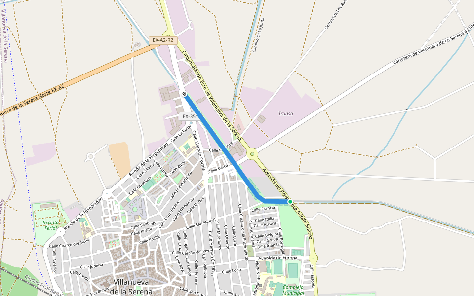 Paseo del Canal del Zújar walking route map in Villanueva de la Serena
