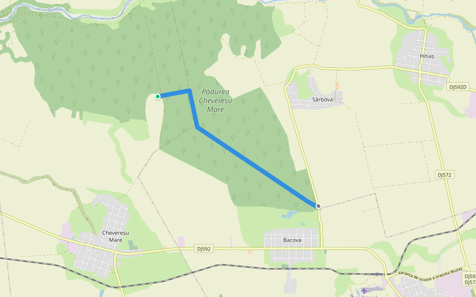 diagonal path to road DJ592D walking route map in Chevereșu Mare