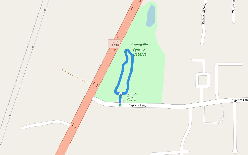 Greenville Cypress Preserve walking path walking route map in Greenville