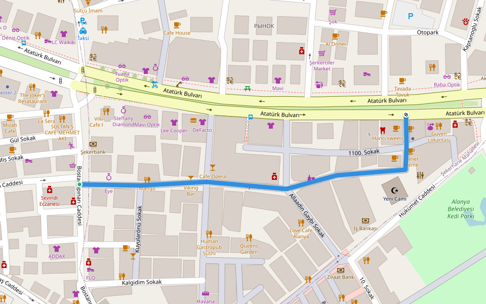 Hayate Hanim Caddesi walking route map in Alanya
