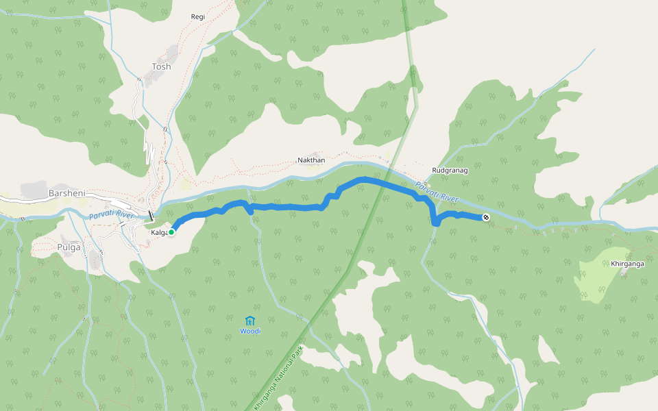 Kalga to Kheerganga walking route map in Kasol