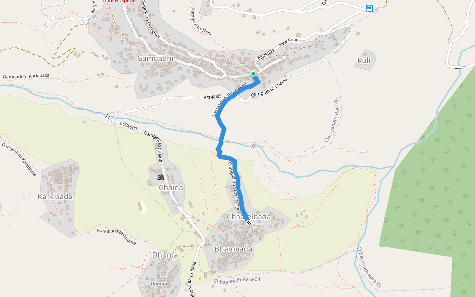 Gamgadi to Shreenagar walking route map in Shreenagar